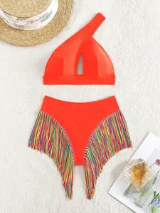 Women's Summer Beach Solid Color Hollow-Out Bikini Swimsuit Set with Fringe Detail for Casual Wear