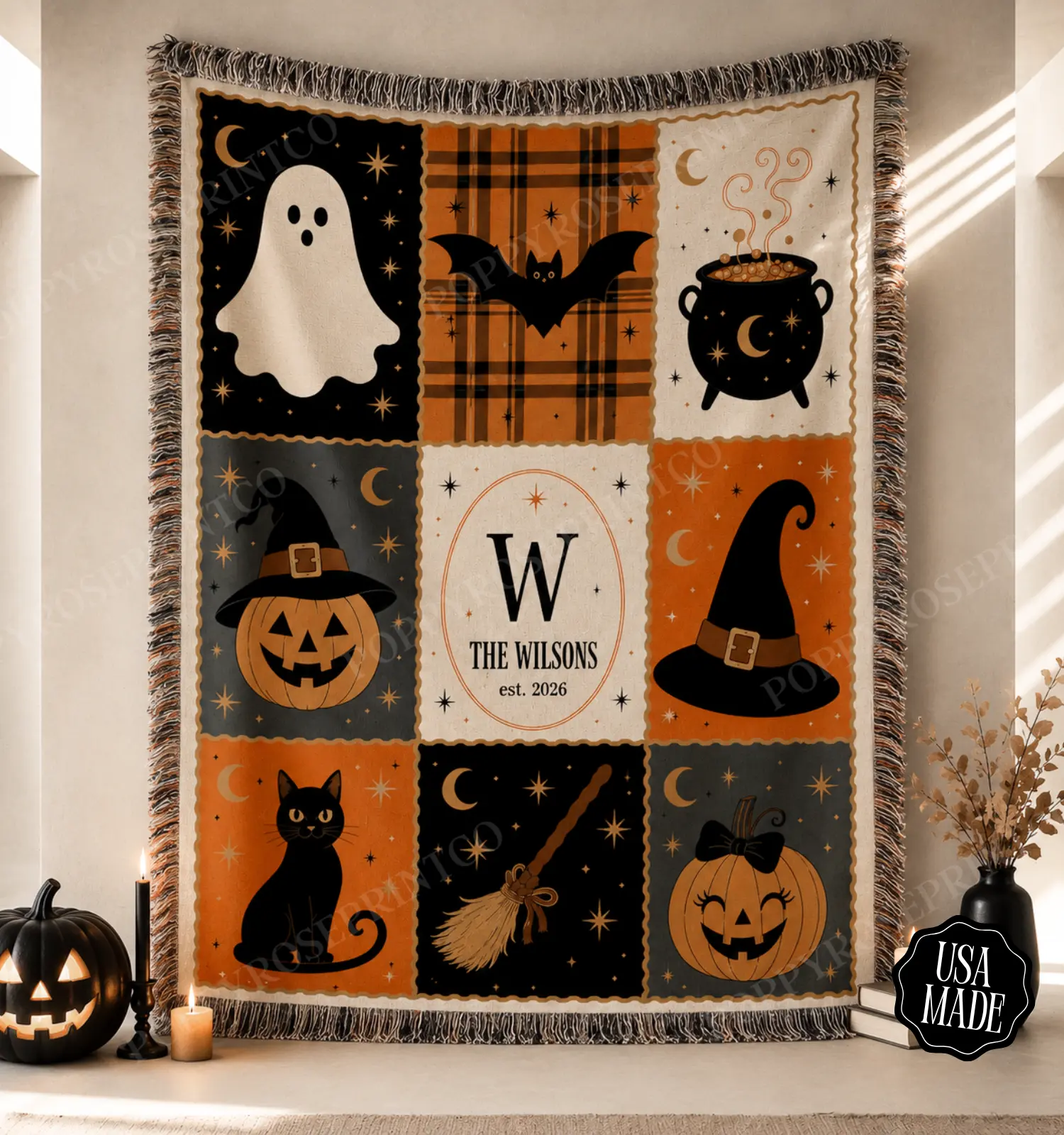 Personalized Halloween Patchwork Woven Blanket 100% Cotton