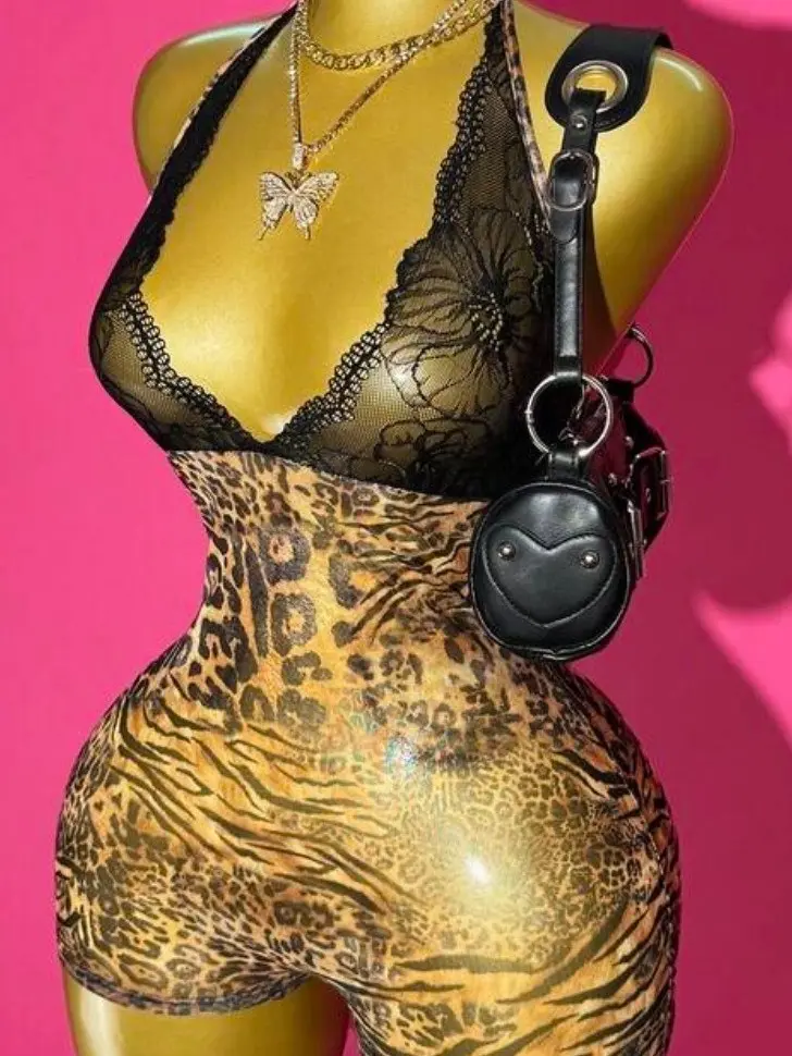 Lace Trim Halter Neck Strap Backless Brown Leopard Print Romper