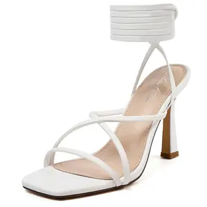 Womens Sandals Strappy Heels for Women Lace Up Heels Tie Up Stiletto High Heeled Sandals Square Open Toe Heels for Prom, Party Footwear Shoe