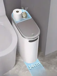 1PC Bathroom Trash Can, Household Creative Slit Trash Can, Bathroom Press Type Trash Can With Lid, Simple Paper Basket, Large Capacity Trash Can, Home Essential, White. Back To School