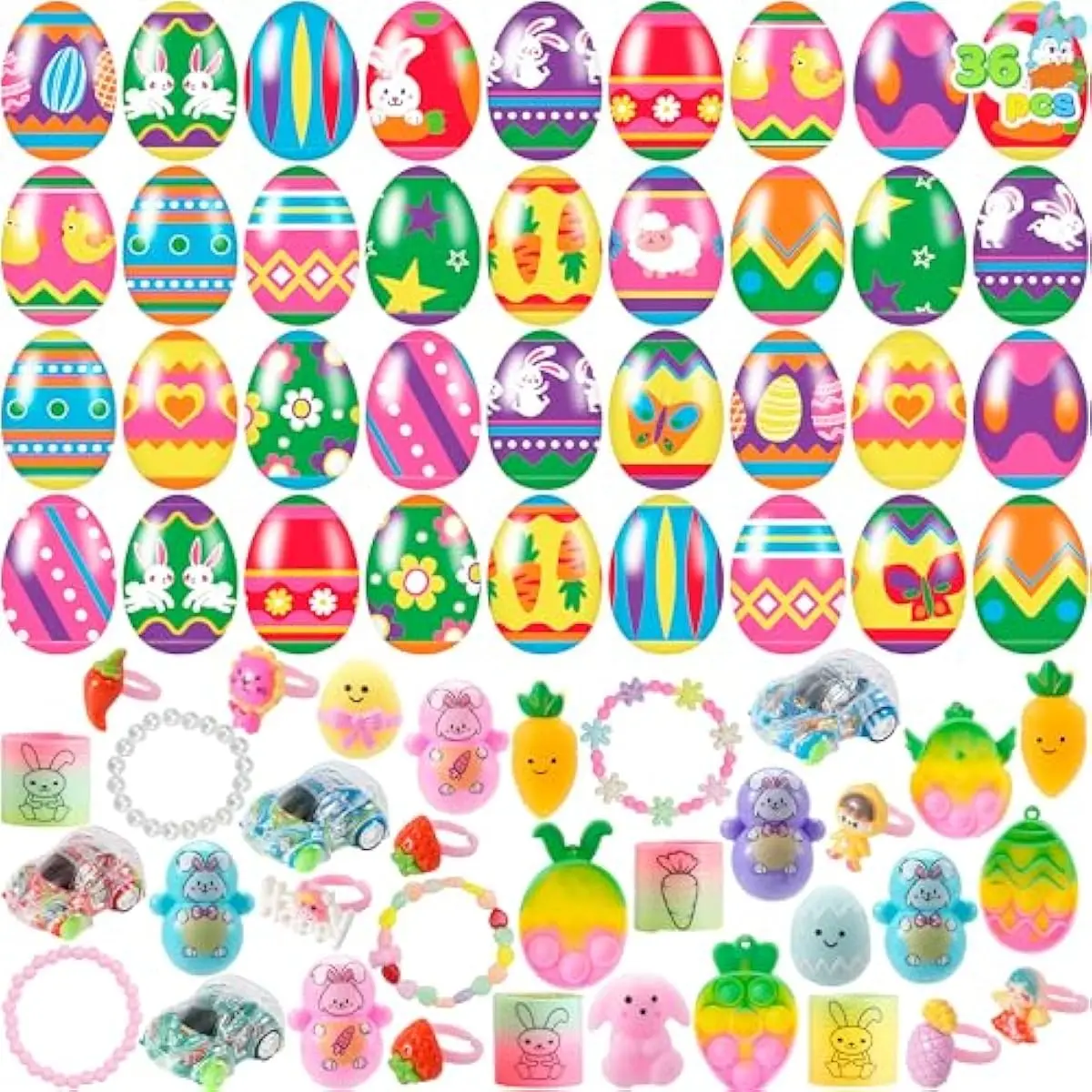36 Pcs Prefilled Easter Eggs with Assorted Toys, Pre Filled Easter Fillers, Basket Stuffers for Kids, Egg Hunt, Party Favors, Classroom Prize Supplies