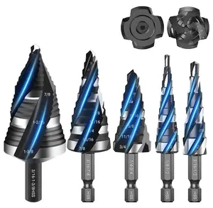 New Step Drill Bit with 5 PCS, Four Spiral Flute Step Bits for Metal, Heavy-Duty Multi-Material Drill Bits for Aluminum, Wood, Plastic & Metal