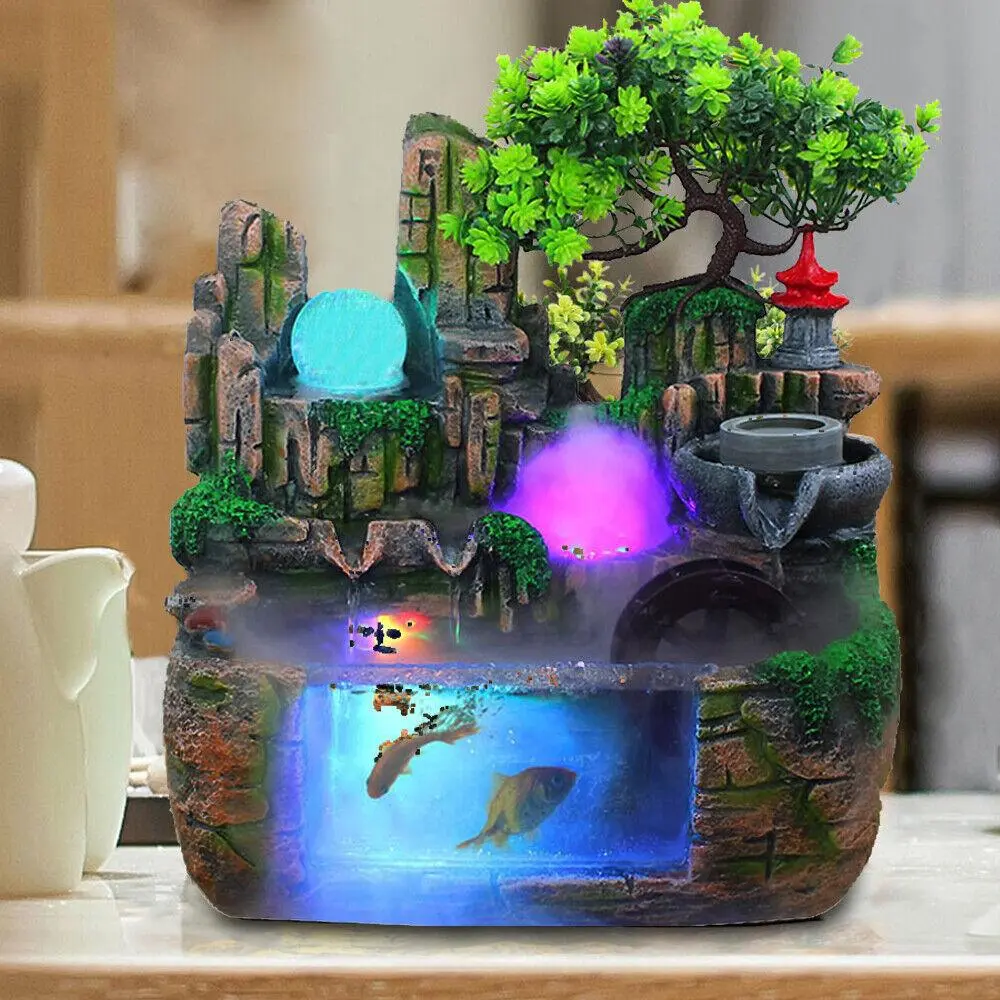 LED Rockery Fountain Waterfall Atomizing Effect FengShui Decor Desk Ornament