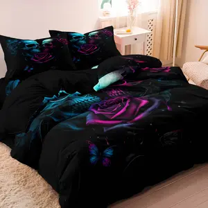 3pcs Duvet Cover Set Fashion Gothic Rose Skull Print Bedding Set, Soft And Skin-friendly Decorative Duvet Cover, For Bedroom, Guest Room (1*Duvet Cover + 2*Pillowcase, Without Core)