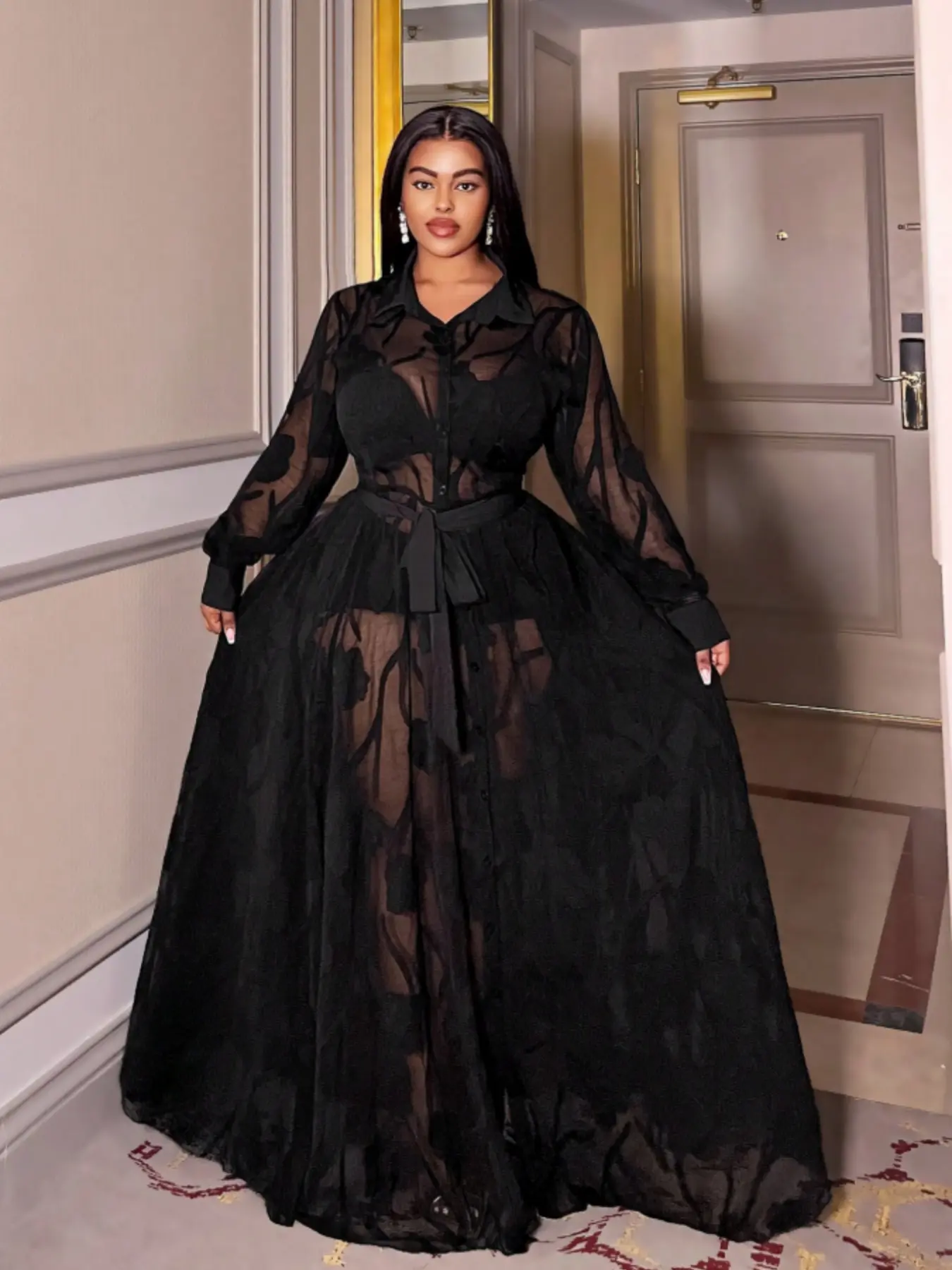 Women's Plus-Size Collared Formal Maxi Dress, Long-Sleeve Elegant Sexy Jacquard Lace Polyester Dress for Camping Essentials