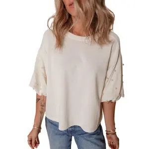 Elegant Women's White Pearled Puff Sleeve Top with Round Neck