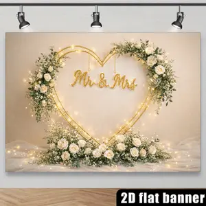 2D Flat Banner Polyester Photography Backdrop, HD Digitally Printed Romantic Gold Heart Design with "Mr. & Mrs." Text, White Roses, Greenery, and Fairy Lights, Soft Lightweight Background for Wedding, Engagement, Anniversary, Coup