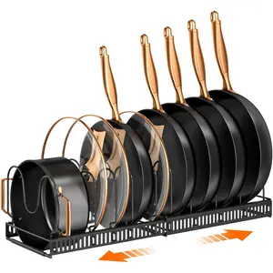 Under Cabinet Pots and Pans Organizer, Expandable Pot Pan Storage Rack with 10 Adjustable Compartments, Pot Lid Holder for Kitchen Cabinet, Cookware & Frying Pan Storage, 1 Pack