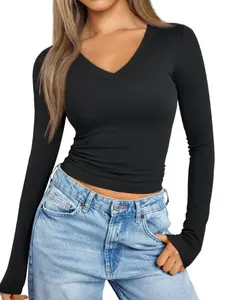 Women's Long Sleeve T-Shirt, V Neck Basic Short Fitted Crop Top, Solid Color, All Seasons Wear, Comfortable and Stylish, Womenswear