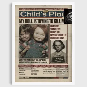 Child’s-Play Movie Newspaper Wall Art Poster, Chucky-Good Guys Doll Horror Poster, Charles-Lee Ray Retro Decor Vintage Poster, Newspaper Style Poster Decor Unframed