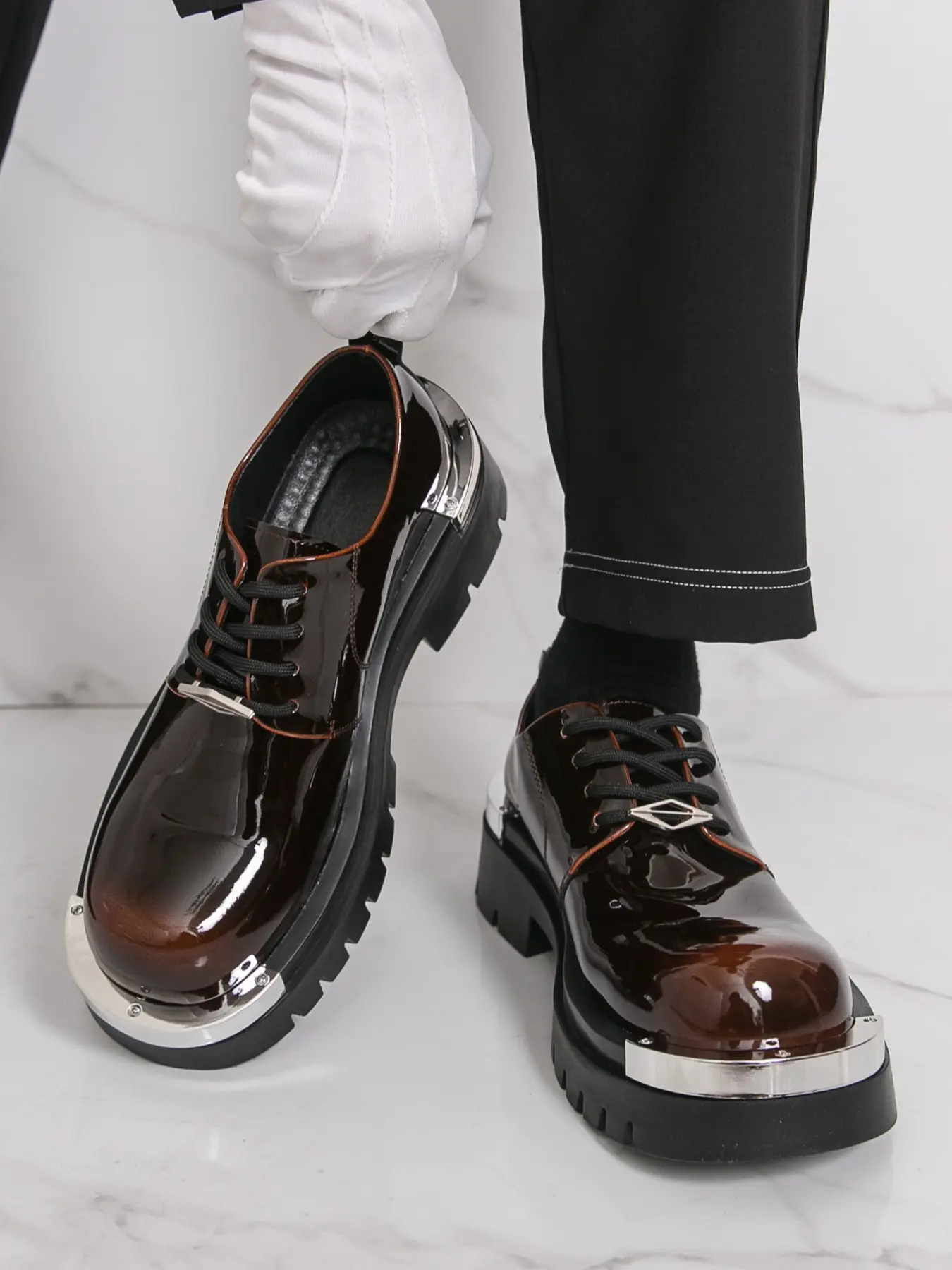 Men's Thick Sole Round Toe Lace-Up With Lace Classic Oxford Shoes, Office Commuting Shoes, Fashion Casual Vintage Style, Comfortable Walking Footwear for Daily Wear, Brown, Rubber, PU Leather Footwear