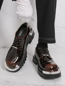 Men's Thick Sole Round Toe Lace-Up Oxford Shoes, Fashion Casual Vintage Style, Comfortable Walking Footwear for Daily Wear, Brown, Rubber