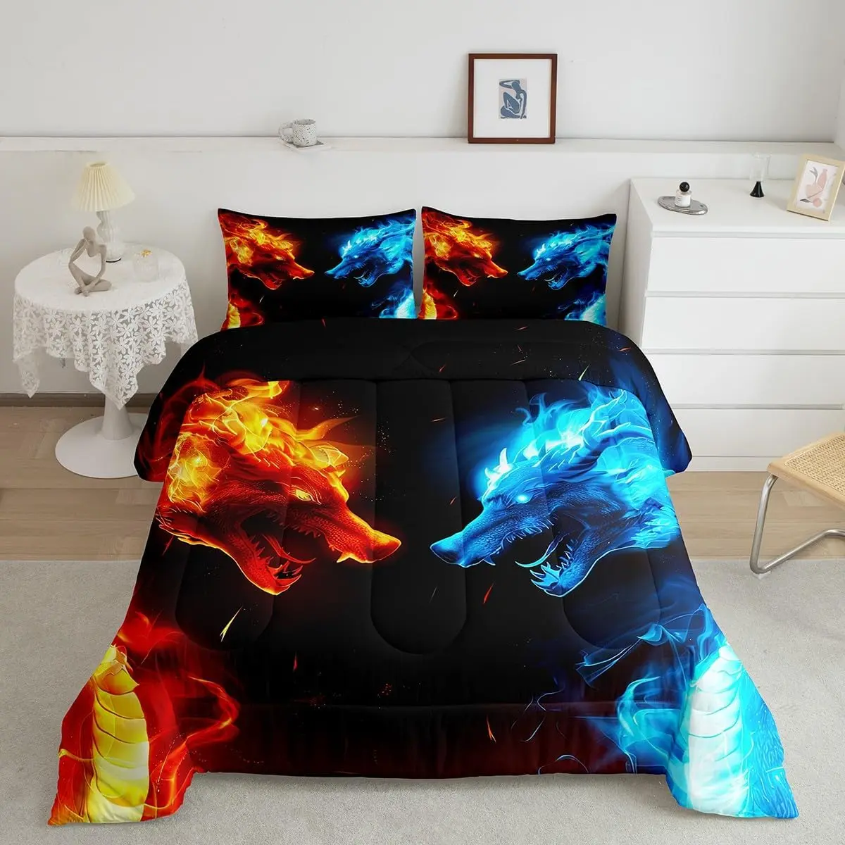 Feelyou Microfiber Bedding Set - King Size, All-Seasons Quilted Duvet Comforter, Blue and Gold Ice Fire Dragon Wildlife Animal Pattern, Adult Bedroom Decor