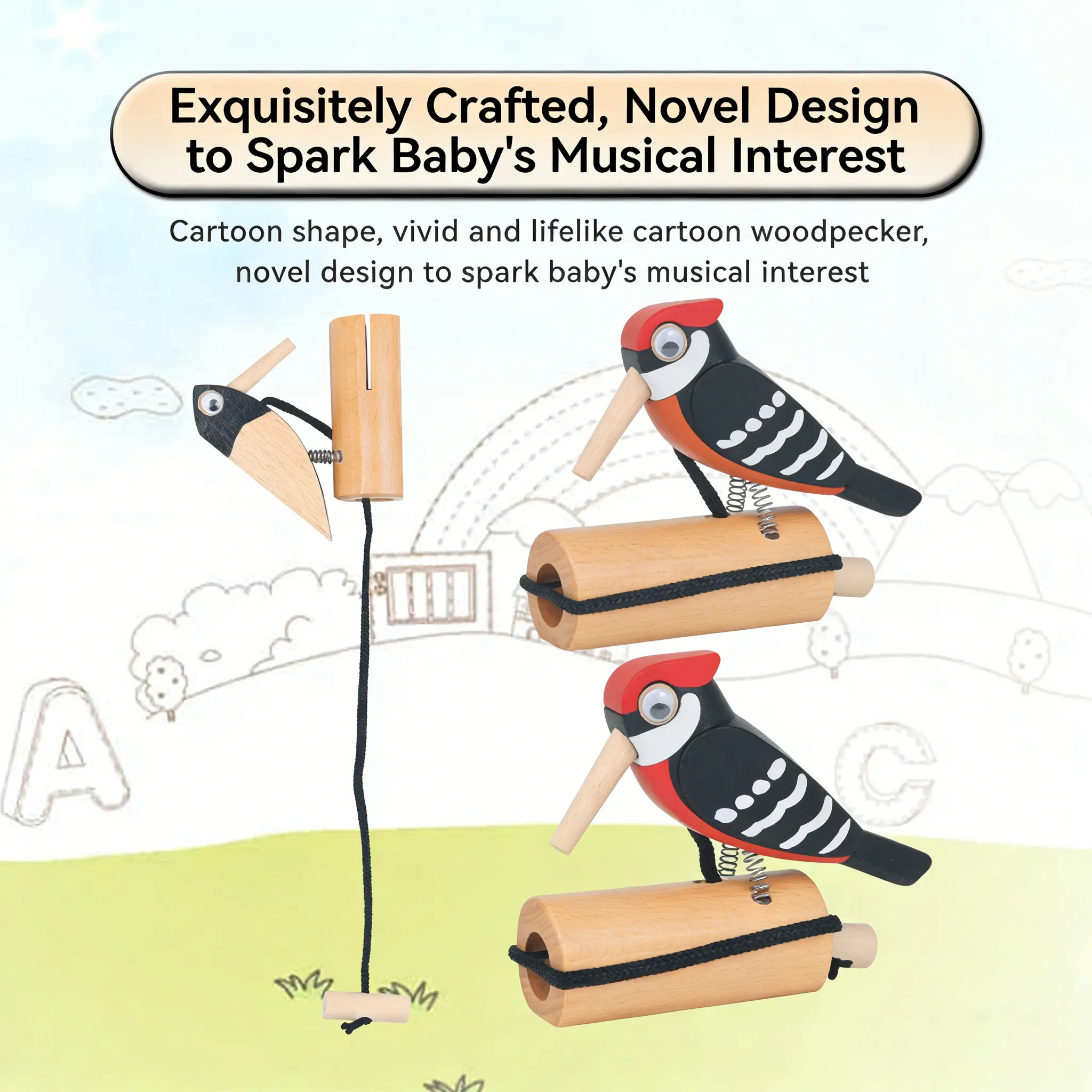 Orff Early Education Wooden Sharp Beak Woodpecker Sound Tube Pull Rope Toy Bird Whistle, Educational Musical Instrument for Kids