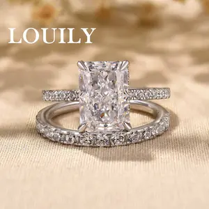 Louily Jewelry 3.5carat Radiant Cut Wedding Ring Set,5A Cubic Zirconia CZ 925 Sterling Silver Classic Golden Wedding Band