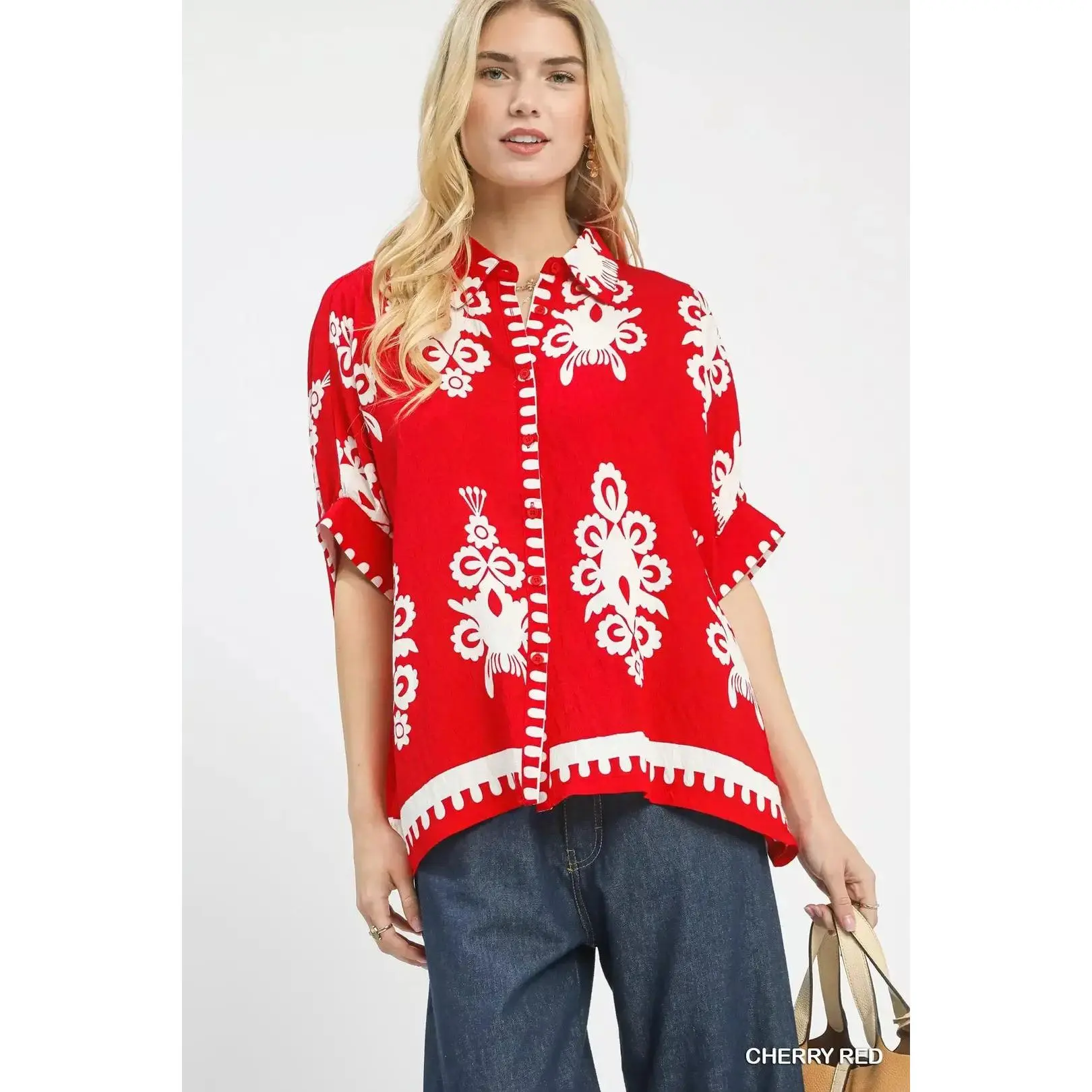 Umgee Abstract Print Button Down Short Sleeve Shirt