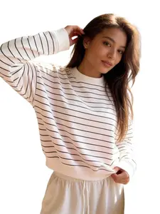 1Pc Women's Striped Crewneck Sweatshirt Soft Ribbed Knit Pullover for Casual Home & Daily Wear