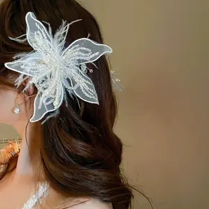 Fascinator Lace Flower Duckbill Clip Dance Show White Floral Mesh Flower Hairpin Bridal Wedding Fairy Fringe Clip Girl/Women