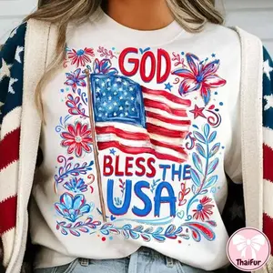 Coquette Striped God Bless The USA Floral , Patriotic Christian , 4th of July Cross , Independence Day, Trendy Red White And Blue