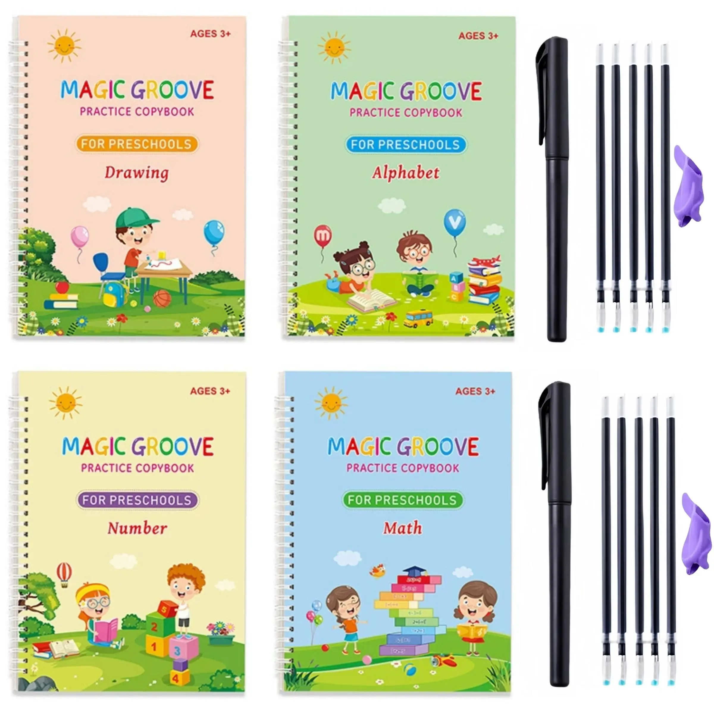 Magic Practice Doodle Book big Set (English), 1 Set Includes 4 Reusable Numbers & Letters & Math & Drawing Practice Doodle Book Notebooks, Pen, 10 Refills & Sticks, Perfect Gift for Kids Early Learning Materials for Toddlers