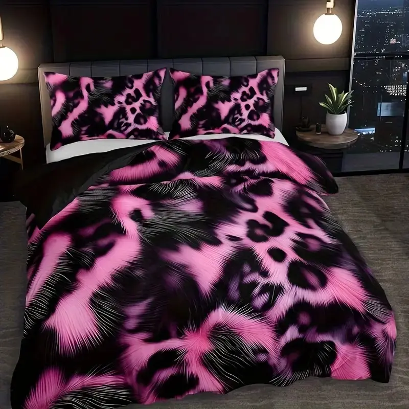 3pcs Valentine's Day Leopard Print, Soft Comfortable Breathable High-Quality Fabric, Home & Dormitory Use, Comfy Printed Bedding Set, Bed Sheet Sets