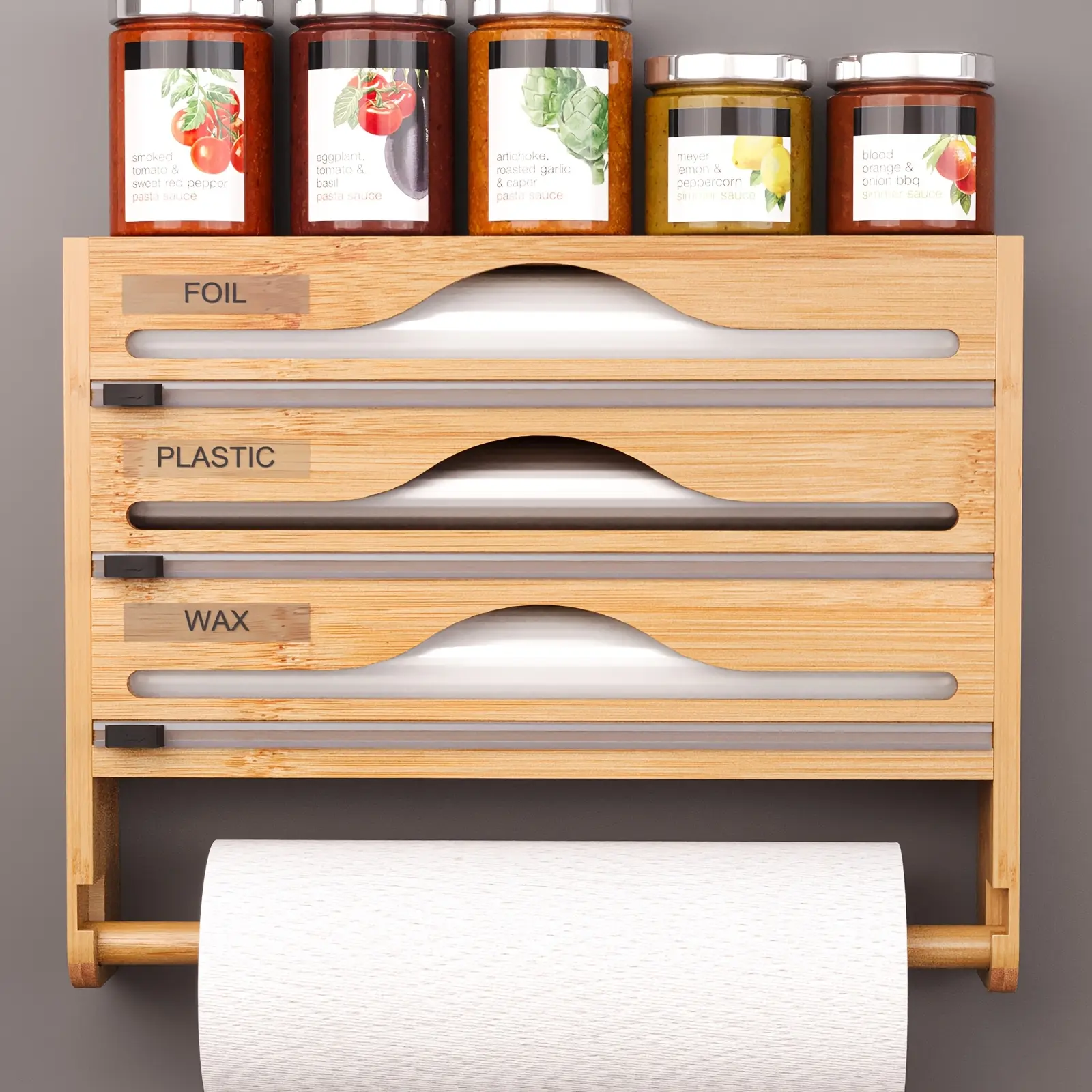 A Bamboo Cling Film Cutter with Tissue Holder Wall-Mounted Foil Cutter Three-Compartment Cutter Paper Storage Rack for Kitchen Organization aluminum foil
