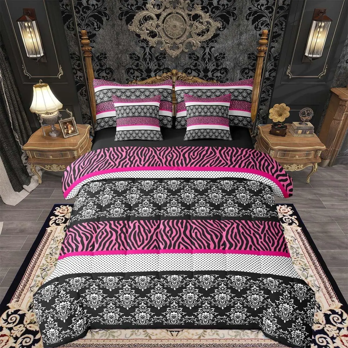 Polka Dot with Zebra Print Comforter Set with Sheets 7 Piece Pink Black White Zebra Bedding Set Kids Adult Wild Animal Skin Texture Bed in a Bag Decor Soft Lightweight Microfiber