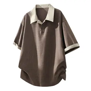 Men's Casual Short-Sleeve T-Shirt with Notched Collar, Minimalist Patchwork Design with Buttons for Summer, Ideal Father's Day Gift