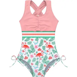 P-AD048    Girls One Piece Swimsuit Cute Striped Bathing Suit Hawaii Swimwear 4-17 Years