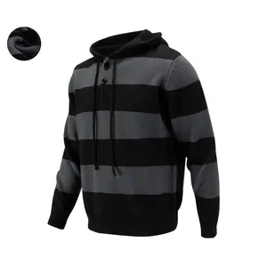 Men's Soft Knit Striped Hoodie - Black/Gray Button-Front Long-Sleeve Casual Top