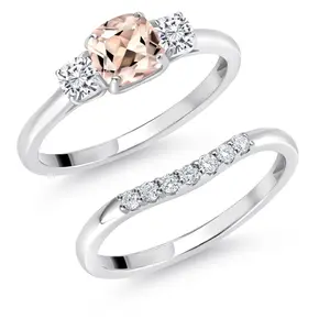 Gem Stone King 10K White Gold Gemstone Birthstone White Moissanite and Lab Grown Diamond 3 Stone Bridal Engagement Wedding Ring Set For Women | 5MM and 3MM Cushion Cut | Available In Size 5-9
