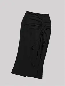 Elegant Fitted Bodycon Solid Color Womenswear Skirt with Adjustable Side Drawstring, Pleated Tie Waist Split Design, Casual Vacation Style Midi Skirt Bottom
