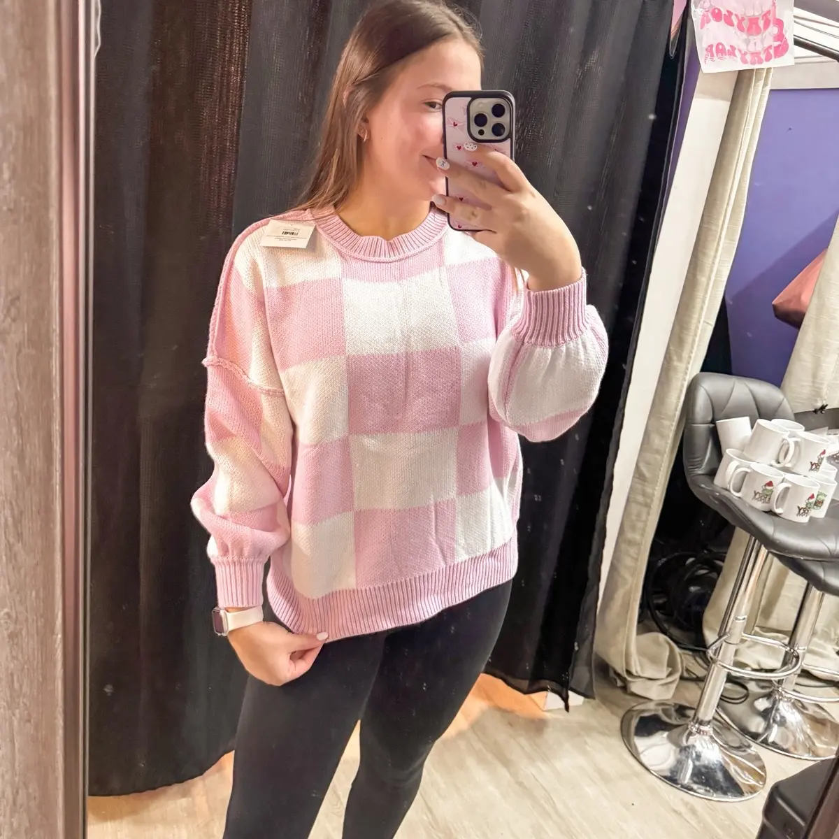 Checkered Sweater - Pink and White Checkered Pullover for Women - Casual Style, Soft Fabric, Ideal for Layering - Womenswear Tops