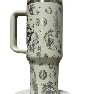 "COWGIRL" Engraved 40 oz Double Insulated Stainless Steel Tumbler Country Girl Full Wrap Water Bottle with Lid & Straw and Handle