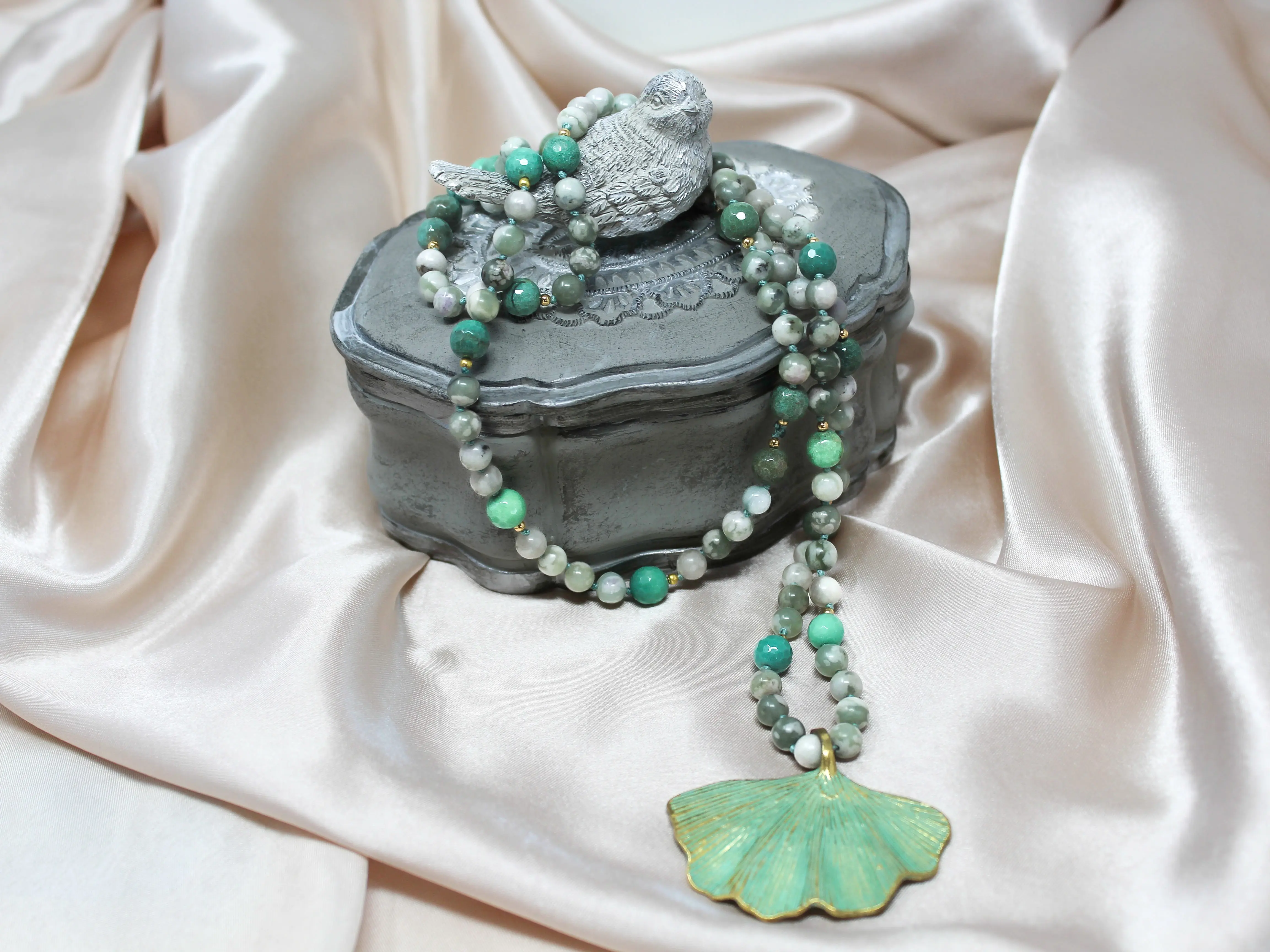 Blue Peruvian Opal and Harmony Jasper Ginkgo Necklace
