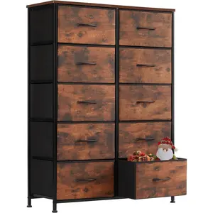 Tall Dresser for Bedroom,  Organizer Storage Drawers with 10 Drawers, Chest of Drawers with Fabric Bin, Steel Frame, Wood Top for Bedroom, Closet