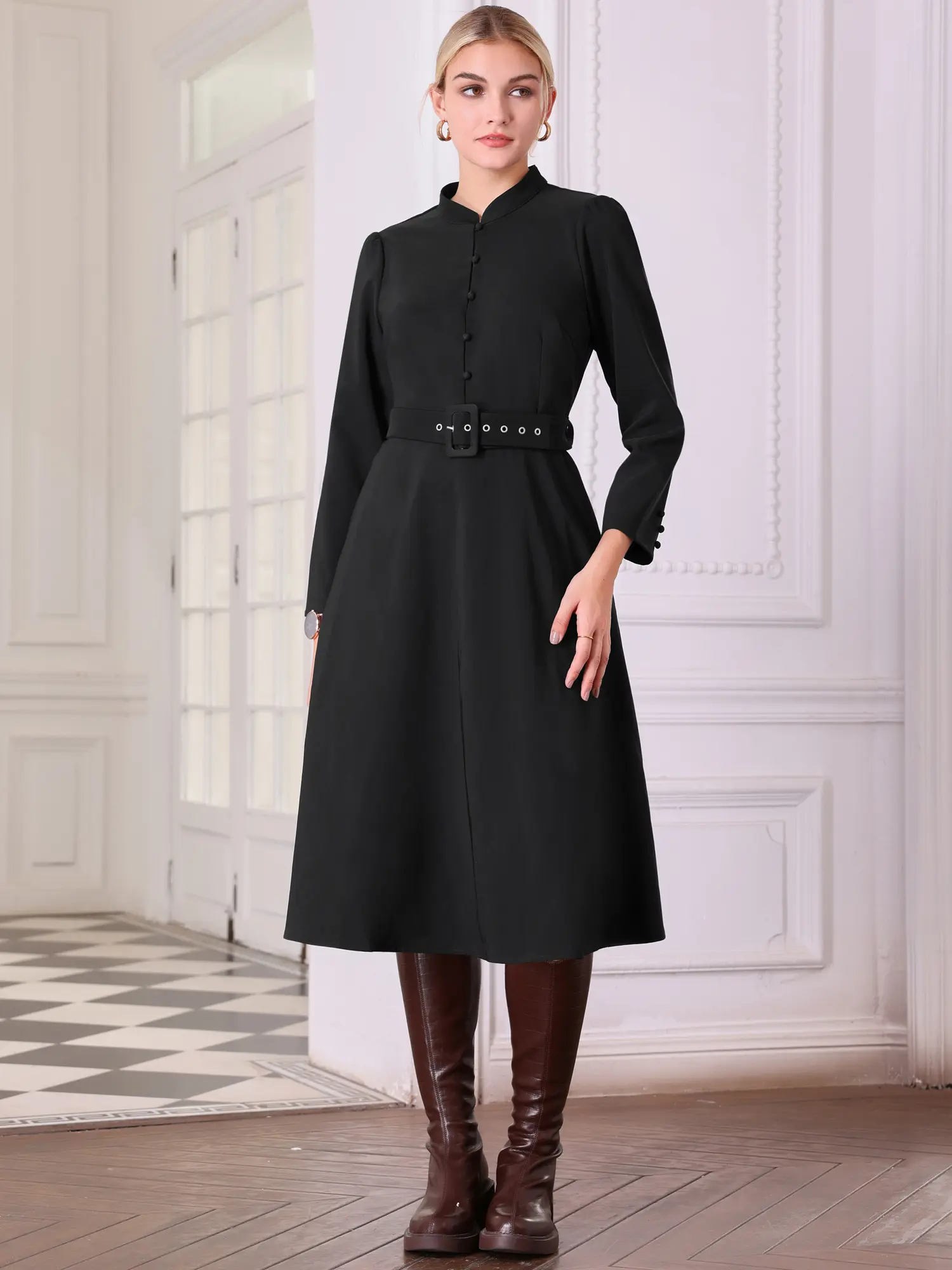 INSPIRE CHIC Women's Long Sleeve Flare Dress Mock Neck Belted Vintage Church A-Line Dresses