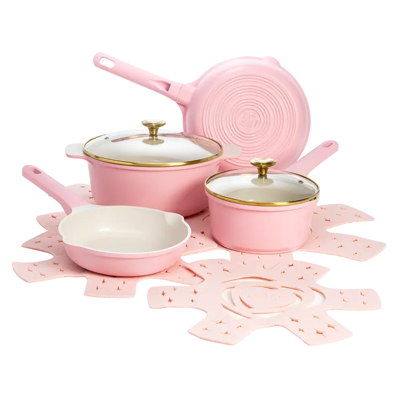 Paris Hilton Clean Ceramic Nonstick 10-Piece Cast Aluminum Pots and Pans Set - Blush Pink Kitchenware with Heart Knobs, Dishwasher Safe