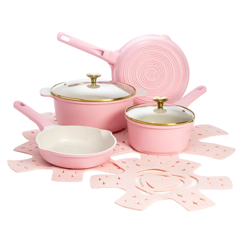 Paris Hilton Clean Ceramic™ Nonstick Cookware Set 10-Piece Cast Aluminum with Heart Knobs Soft Pink Finish Dishwasher Safe