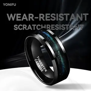 Yonifu 8mm Black Tungsten Carbide Ring for Men, Scratch Resistant Wear Resistant Wedding Band with Blue Galaxy Inlay, Comfort Fit Daily Wear Ring