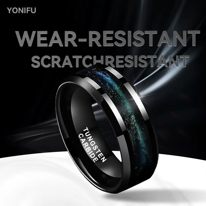 Yonifu Men's Wedding Band, 8mm Black Tungsten Carbide Ring with Blue Galaxy Inlay, Scratch Proof and Comfort Fit Fashion Jewelry, Starry Sky, Carbide Band, Daily, Men's Wedding Bands