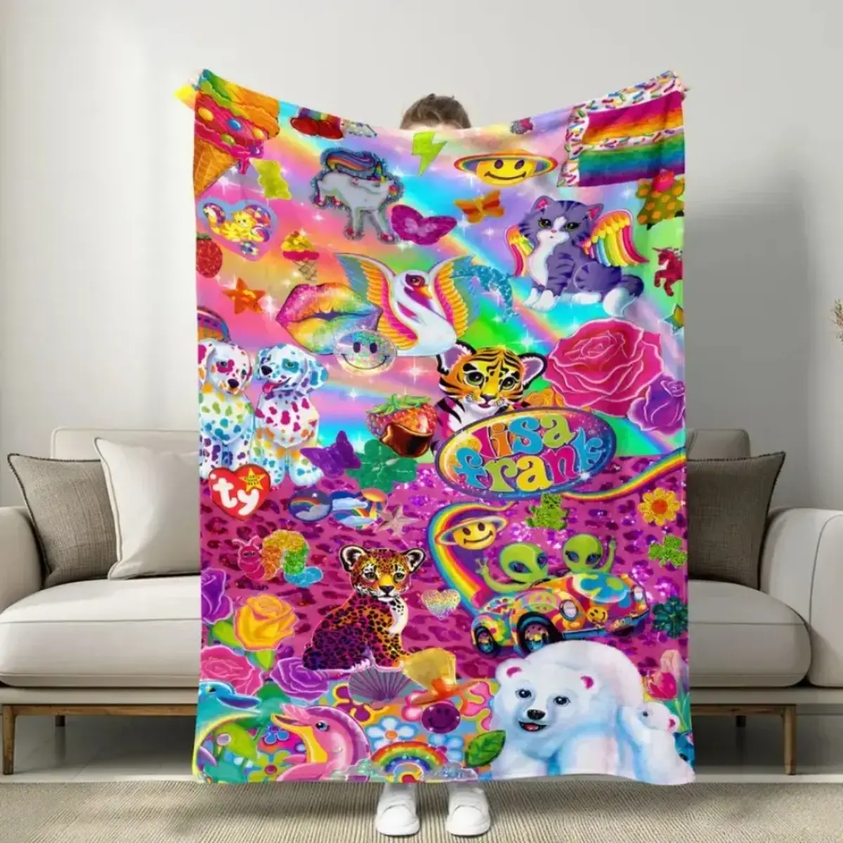 Colorful Rainbow Animal Artwork Flannel Throw Blanket - Fluffy, 2-Sided, All-Season Soft Warm Throw for Home Relaxation, Sofa Decor, Fluffy Blankets, 2 Sided Blankets