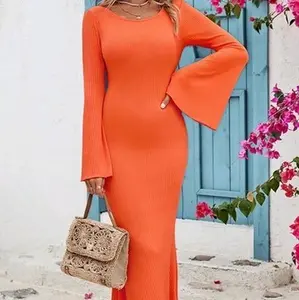 Orange Backless Lace Up Dress with Bell Sleeves for Women - Casual Style - Womenswear