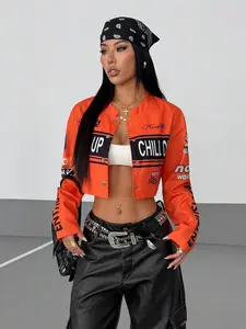 Women's Streetwear Motorcycle Letter Print Cropped Jacket