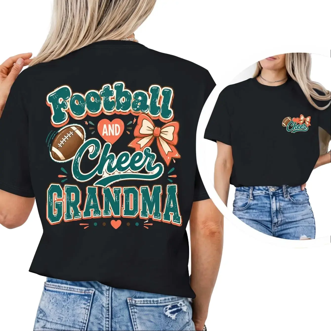 Women's Cotton Blend Short Sleeve Graphic Tee - Round Neck, Simple Style, Unisex Grandma Spirit Top with Football Cheer Letter Print, Everyday Wear, Machine Washable, Game Day Gift to Pair with Jeans