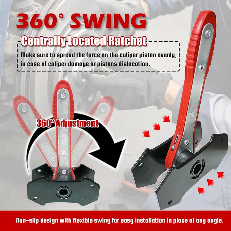 Piston Compressor Kit with 2 Steel Plates & 4 Caliper Hooks,Brake Caliper Compression Tool with 360° Ratchet,  Fits Single Twin Quad Sextuplet Disc Brakes, Red Brake Caliper Press Tool