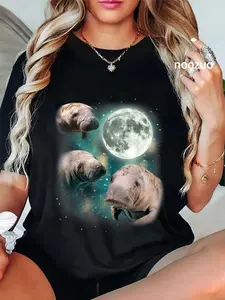 100% Cotton Unisex 3 Manatee Moon | Three Funny Sea Cows Howl At Moon Manatee T-Shirt