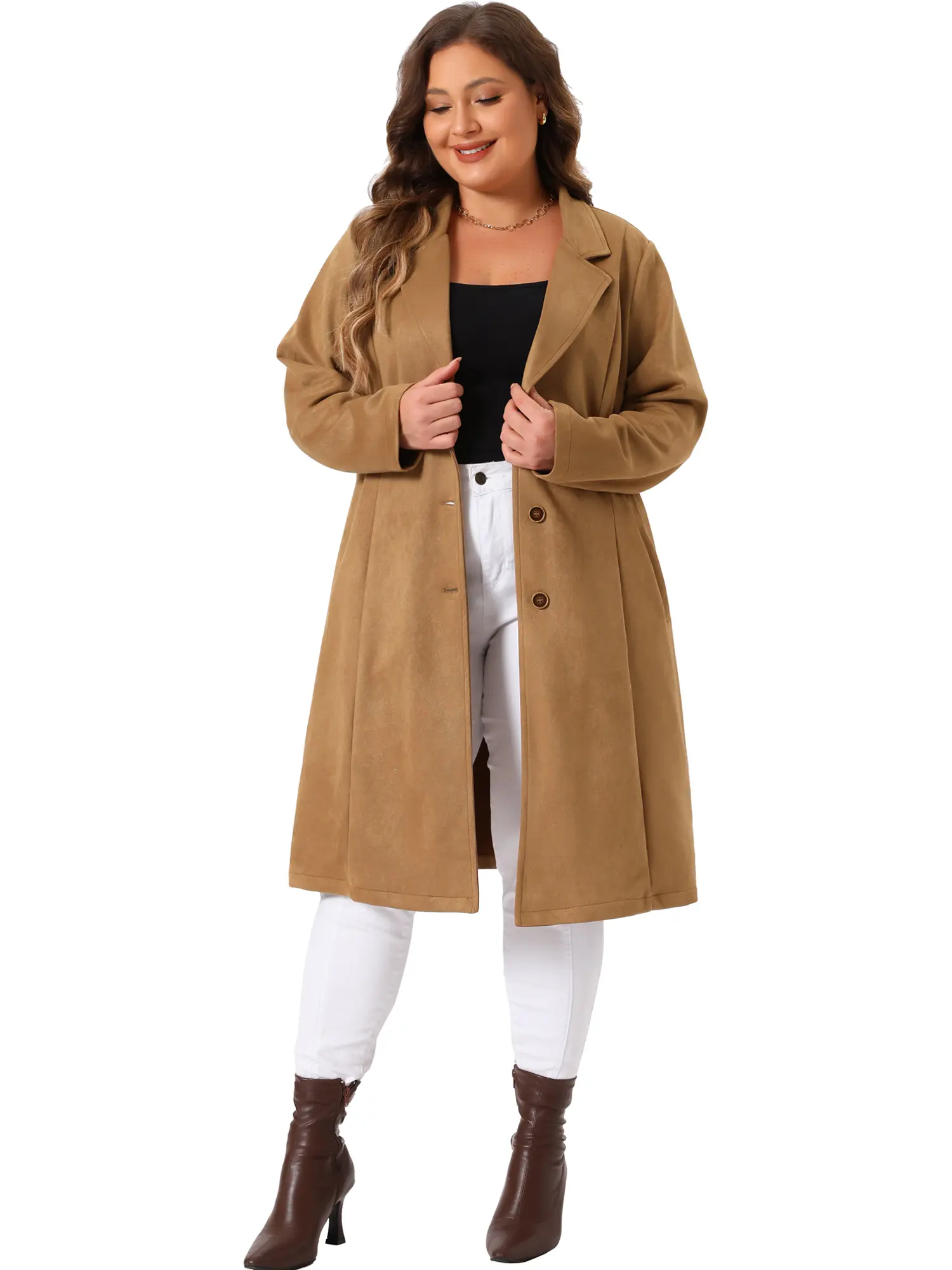 Agnes Orinda Plus Size Jacket For Women Faux Suede Long Sleeve Pocket Long Coats Trench Jacket