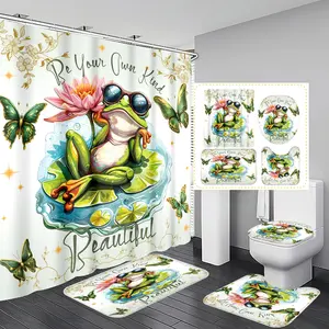 Cool Frog Butterfly Lotus Style Curtain Set, Polyester Insulated Bathroom Decor, Includes 12 Hooks, Bath Mat, U-Shaped Pad, Round Toilet Cover Pad